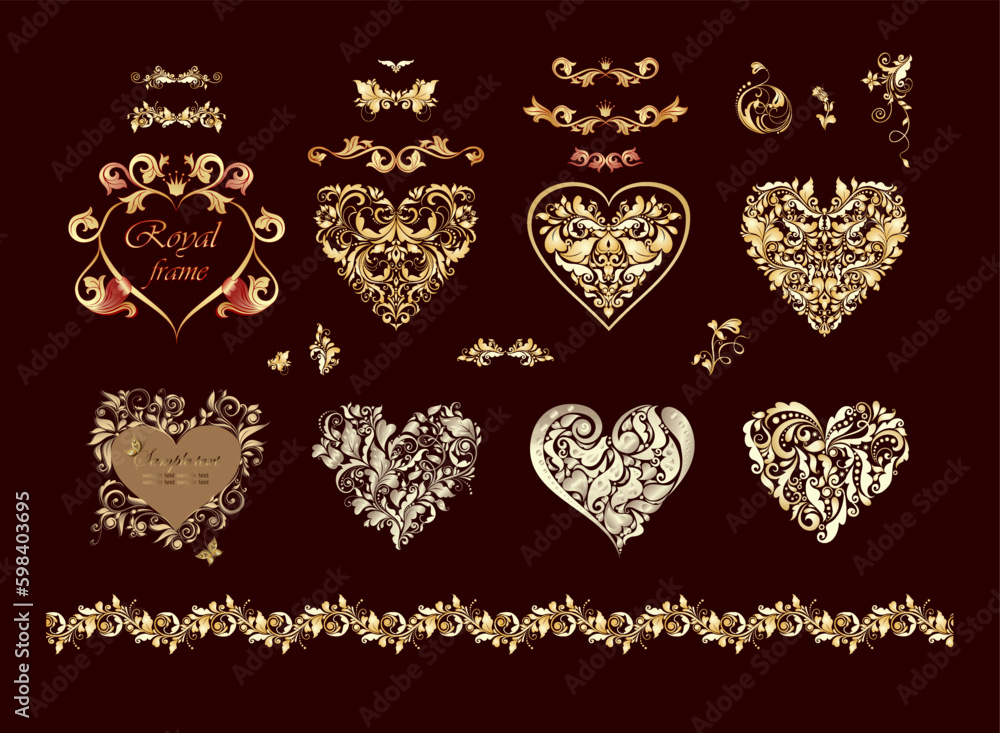 Gold ornate decorative hearts collection with floral vintage pattern for wedding invitation, heraldic signs,  jubilee; anniversary celebrations. Part 4 of hearts huge set