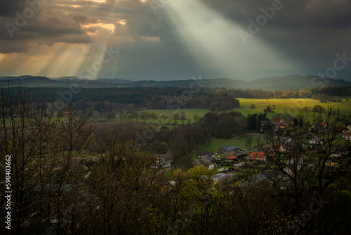 View from ruin of castle in Andelska Hora village in spring evening