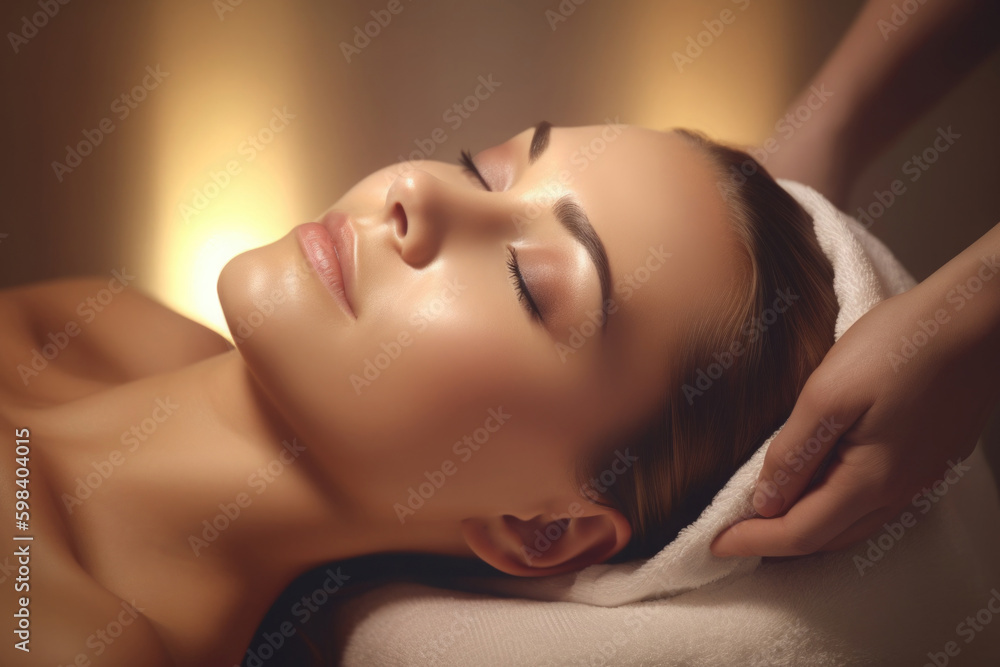 Face massage for beautiful woman. Facial beauty treatment. Cosmetic procedures. Attractive young girl relaxing in spa salon. Created with Generative AI - obrazy, fototapety, plakaty 