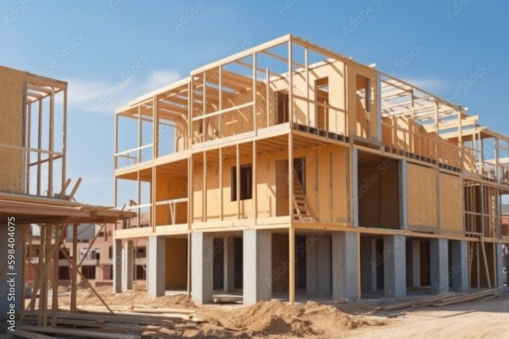 Building private country house. Suburb house construction. New home under construction. Created with Generative AI Building private country house. Suburb house construction. New home under construction. Created with Generative AI