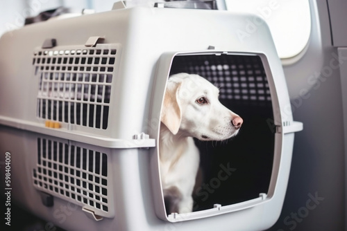 Dog in carrier cage. Safe transportation of pets. Travelling with pet. Created with Generative AI