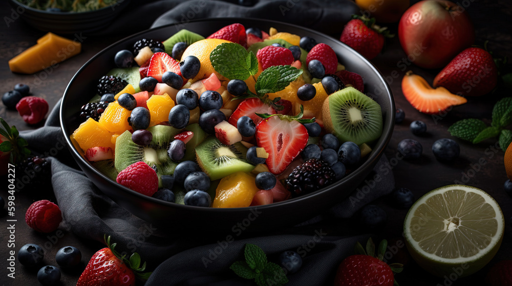 Delicious Fresh Juicy Fruit Salad in Bowl on Foody Background AI Generative Delicious Fresh Juicy Fruit Salad in Bowl on Foody Background AI Generative