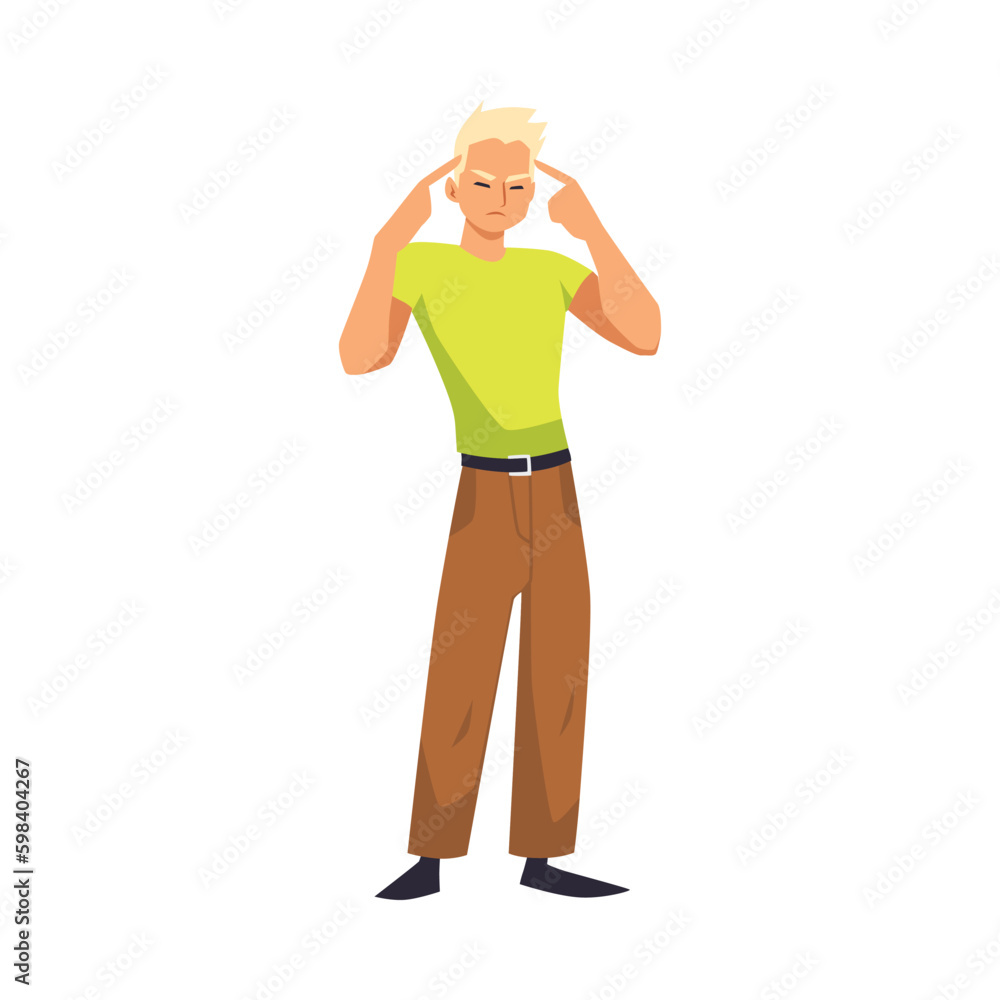 Upset man feeling tension and stress flat vector illustration isolated on white.