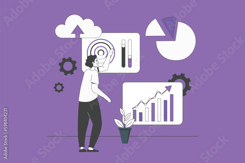 IOT analytics web concept with character scene in flat design. People processing data collected from different IOT devices using cloud tech. Vector illustration for social media marketing material.