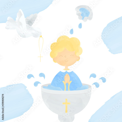 Christening of a Baby in Festive Attire Sitting in a Baptismal Font with Holy Water Pouring from a Shell onto the Head and a Dove Flying with a Cross in its Beak Watercolor Illustration