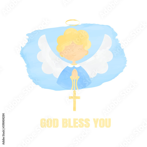 Cute angel in festive attire with folded hands on the chest for prayer and a cross hanging on the folded hands The illustration is done in a watercolor style with the text God bless you