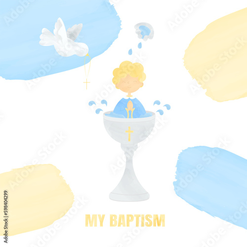 Christening of a Baby in Festive Attire Sitting in a Baptismal Font with Holy Water Pouring from a Shell onto the Head and a Dove Flying with a Cross in its Beak Watercolor Illustration