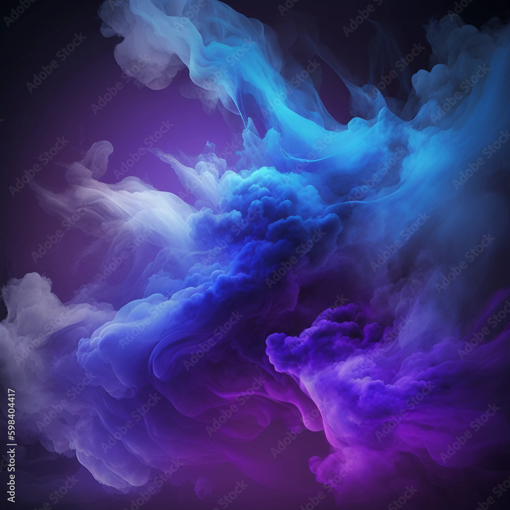 Fototapeta premium Mist texture. Color smoke. Paint water mix. Mysterious storm sky. Blue purple glowing fog cloud wave abstract art background with free space.
