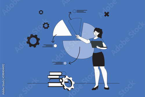 Pie chart web concept with character scene in flat design. People making analysis and working with data diagram with sectors and percentages. Vector illustration for social media marketing material. © alexdndz