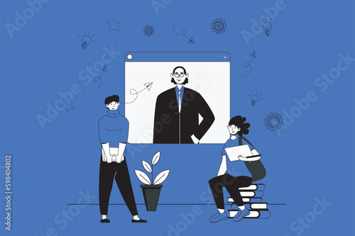 Video lesson web concept with character scene in flat design. People learning online and listening teacher at webinar at educational platform. Vector illustration for social media marketing material.