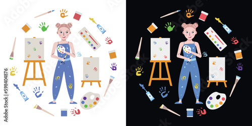 Flat vector painting tools in childish style. Hand drawn round shaped art supplies