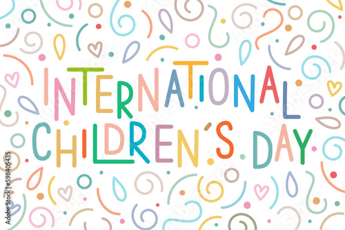 International Children’s Day greeting concept. Multicolored text in line art style on a white background.