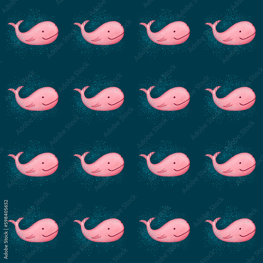 Seamless pattern with hand drawn cute whale character. Kawaii cartoon children's illustration for poster, print, postcard, T-shirt design. Smiling sea animal mascot. Seamless pattern with hand drawn cute whale character. Kawaii cartoon children's illustration for poster, print, postcard, T-shirt design. Smiling sea animal mascot.