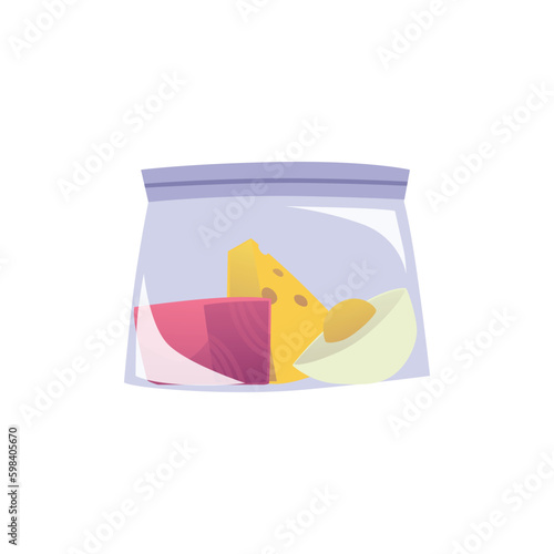 Food leftovers or lunch packaged for fresh in zip bag, flat vector isolated.