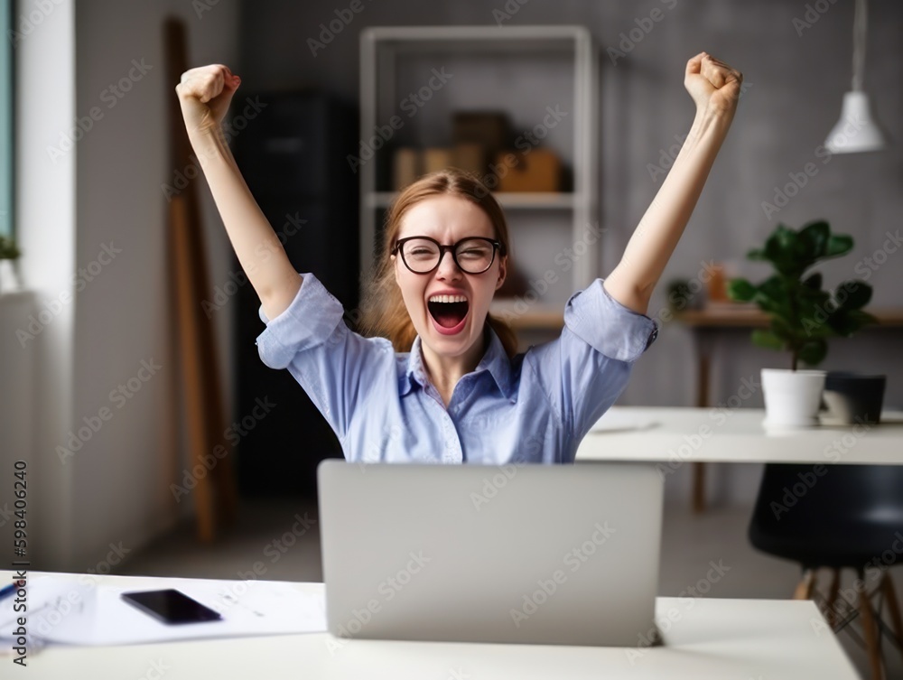 Happy excited young woman student or employee, office worker winner using laptop computer celebrating goal achievement online getting good news in email raising hands feeling euphoric. Generative AI Happy excited young woman student or employee, office worker winner using laptop computer celebrating goal achievement online getting good news in email raising hands feeling euphoric. Generative AI