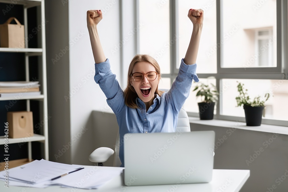Happy excited young woman student or employee, office worker winner ...