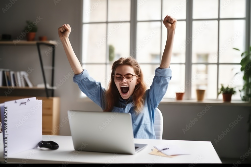Happy excited young woman student or employee, office worker winner using laptop computer celebrating goal achievement online getting good news in email raising hands feeling euphoric. Generative AI Happy excited young woman student or employee, office worker winner using laptop computer celebrating goal achievement online getting good news in email raising hands feeling euphoric. Generative AI