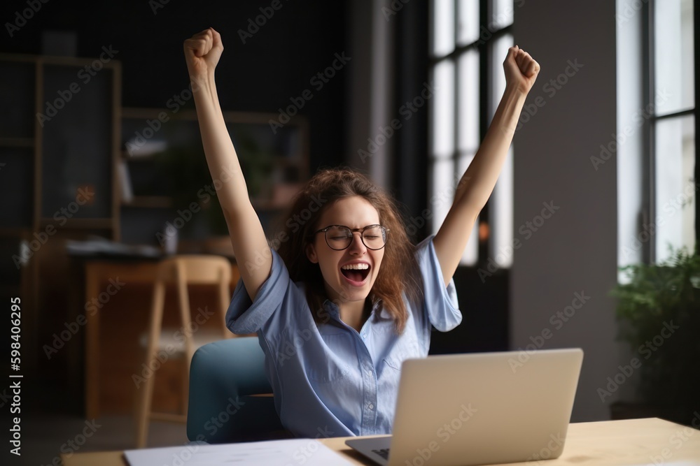 © Adriana - Happy excited young woman student or employee, office worker winner using laptop computer celebrating goal achievement online getting good news in email raising hands feeling euphoric. Generative AI © Adriana - Happy excited young woman student or employee, office worker winner using laptop computer celebrating goal achievement online getting good news in email raising hands feeling euphoric. Generative AI