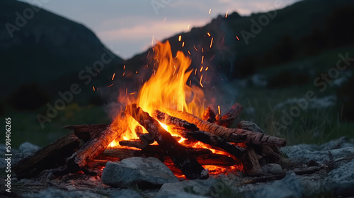 cosy wood campfire during evening hours, generative ai