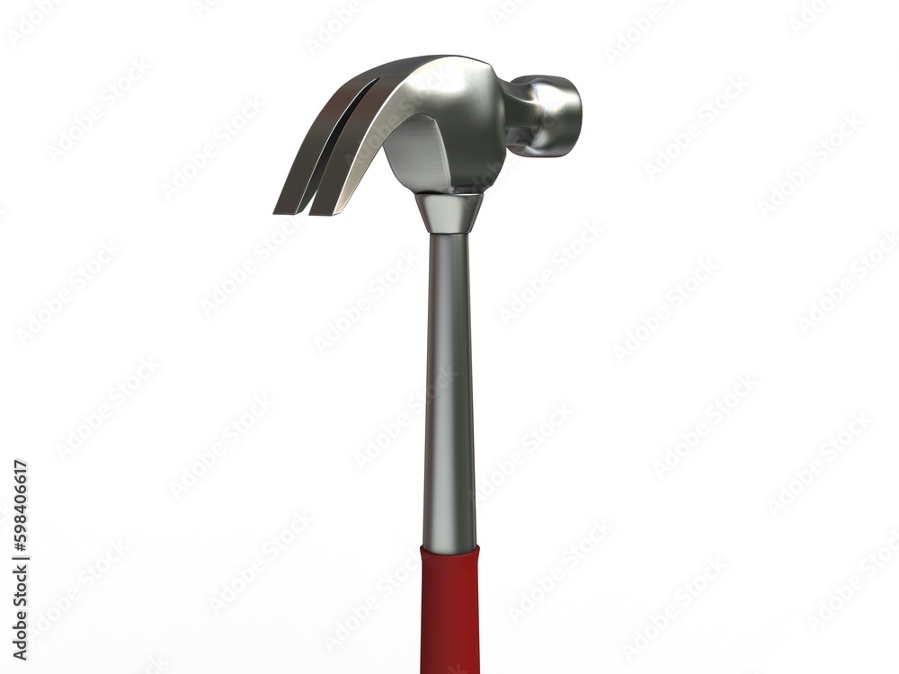 Steel hammer with red rubber handle - hammer head back view closeup shot - isolated on white background Steel hammer with red rubber handle - hammer head back view closeup shot - isolated on white background