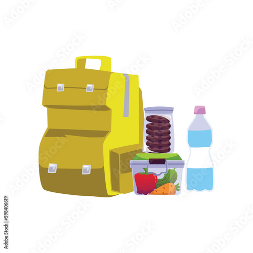 School backpack with lunch boxes and water bottle, cartoon flat vector illustration isolated on white background.