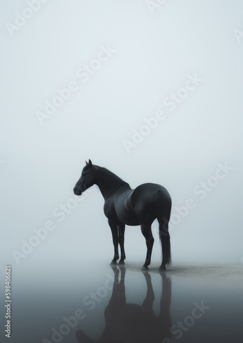 black horse on a foggy beach  generative ai