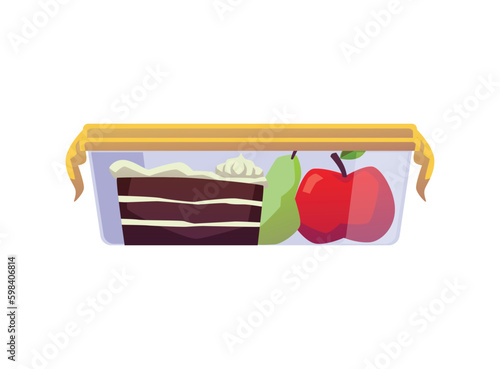 Food packed in container for snacking at work or school, flat vector isolated.