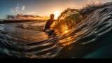 A male surfer catching a wave at summer sunset