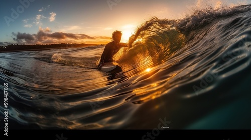 A male surfer catching a wave at summer sunset