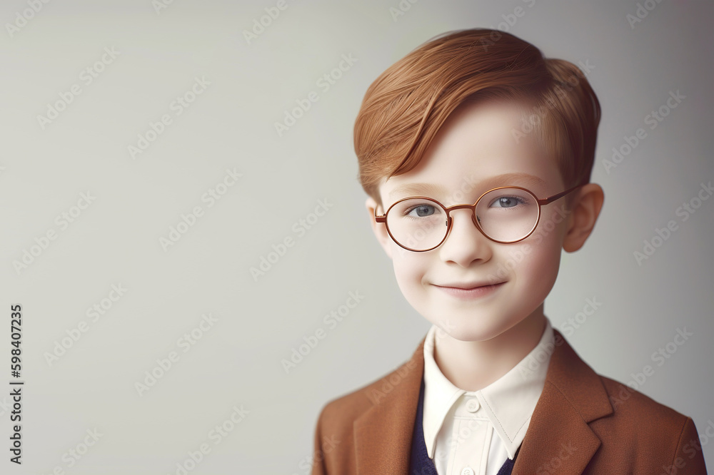 Boy wearing glasses in a business suit with copy space for text. Nerd elementary student on a gray background. Generative A