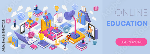 Isometric flat design for online education. Modern vector graphics for e-learning platforms, websites, and apps. The concept of reading books.
