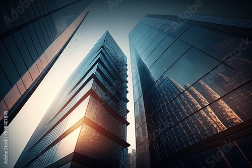 Low-angle view of modern office skyscrapers with glass exteriors. AI