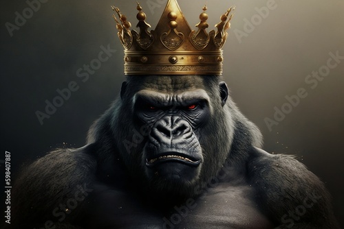 Furious gorilla king wearing a crown. AI