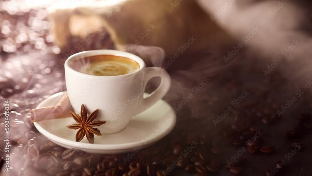 A cup of coffee on a dark background with the effect of smoke from roasting coffee A cup of coffee on a dark background with the effect of smoke from roasting coffee