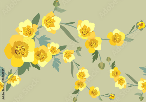 Pattern of yellow bright spring flowers on a light green background