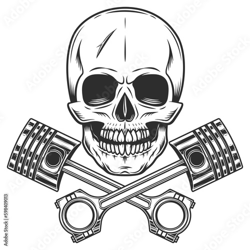 Motorcyclist skull and crossed engine pistons service rapair motorcycle, car and truck business in vintage monochrome isolated vector illustration