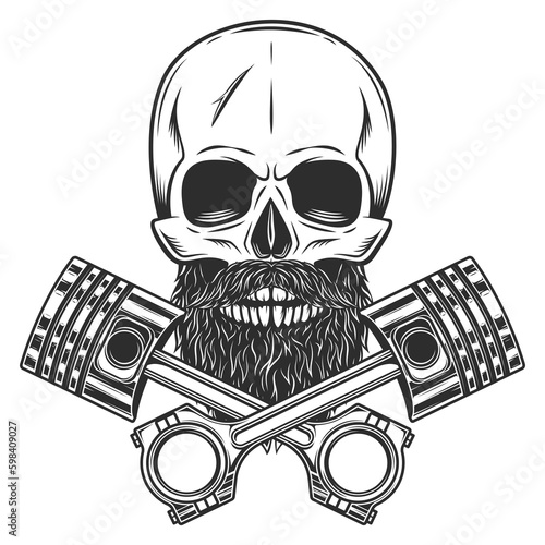 Biker skull with beard and mustache with crossed engine pistons service repair business vintage monochrome isolated vector illustration