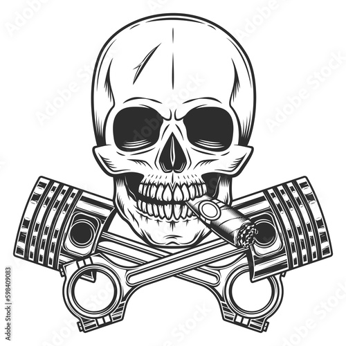 Biker motorcyclist driver skull smoking cigar or cigarette and crossed engine pistons service rapair motorcycle, car and truck business in vintage monochrome isolated vector illustration