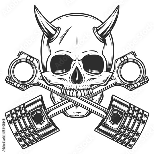 Biker skull with horn and crossed engine pistons service rapair motorcycle, car and truck business in vintage monochrome isolated vector illustration