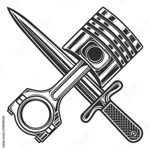 Engine piston and knife dagger on white background isolated monochrome illustration