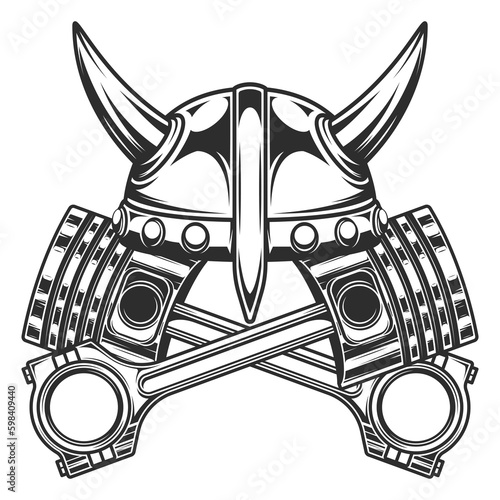 Engine piston and horned viking helmet on white background isolated monochrome illustration