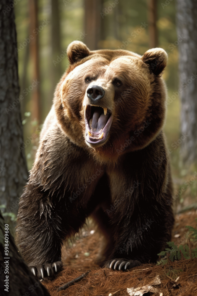 Brown bear in the wild. Kamchatka Forest. Wild Grizzle bear roaring aggressively running towards camera generative ai