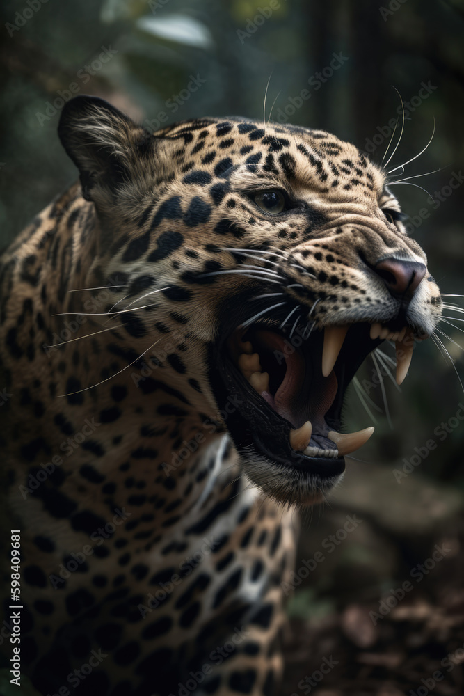 Fototapeta premium Wild Jaguar panthera roaring aggressively. Jungle forest running generative ai