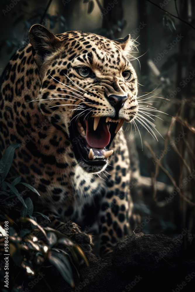 Naklejka premium Wild Leopard panthera roaring aggressively. Jungle forest running generative ai
