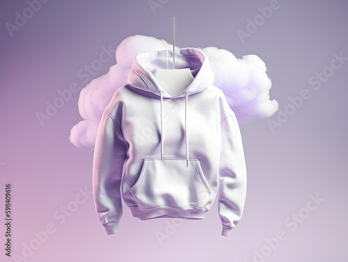 white hoodie with pocket on girl, shirt for design. Fashionable clothes for branding, advertising, mix of street, casual style, isolated on background, front view photo