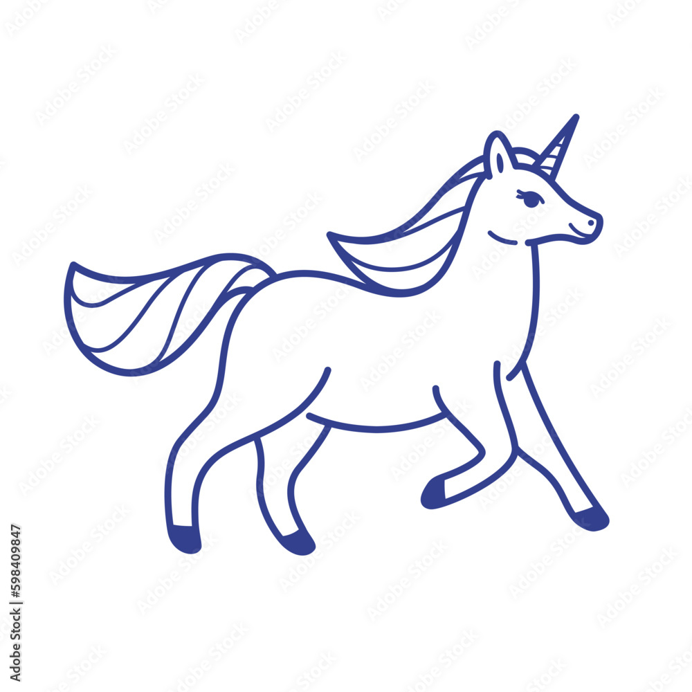 Unicorn isolated on white background. Unicorn mascot cartoon character. Stylized line illustration for banner, flyer, sticker, label.