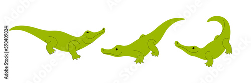 Cartoon animal icon set. Different poses of crocodile. Vector illustration for prints, clothing, packaging, stickers. © Lili Kudrili
