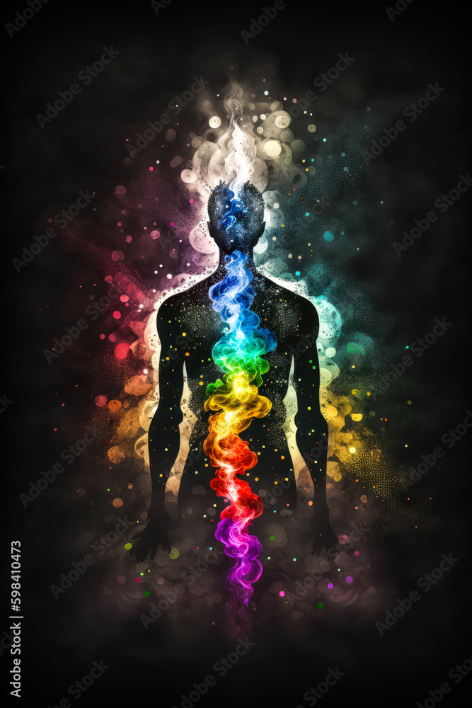 Impressive colors and wispy patterns inside the human silhouette, representing the seven chakras. Dazzling on a black background. Generative AI