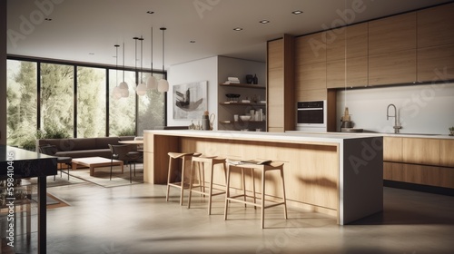 A harmonious blend of wood, metal, and concrete kitchen interior. AI generated