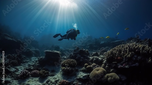 Scuba diver exploring a coral reef in crystal clear waters in the morning created with Generative AI technology